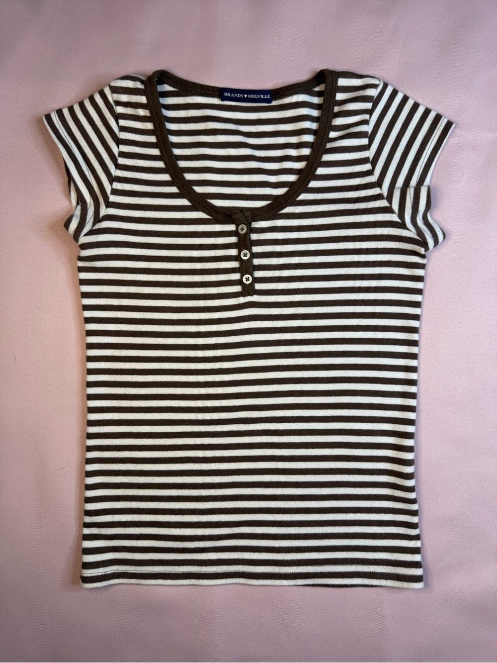 Brandy Melville - Brown & White Striped Cap Sleeve Henley Top